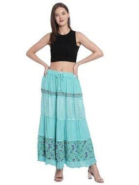 Shalimar Cashmir Turquoise/Teal Boho Tiered Maxi Skirt